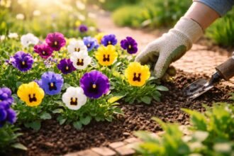 Stiefmütterchen im Beet, bunte Blüten mit freundlichen Gesichtern, Frühjahrszauber und leichtem Pflegeaufwand.