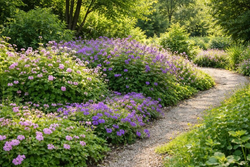 Storchschnabel (Geranium), robuste Staude mit Blüten im sonnigen Beet, vielseitig.