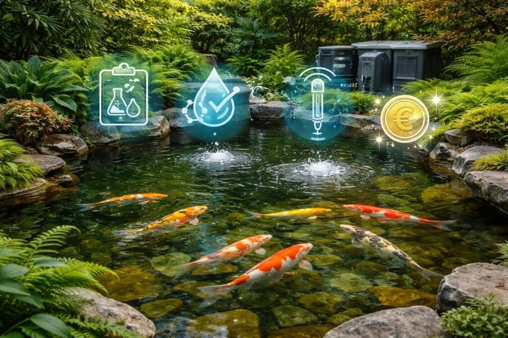 - Gartenteich mit Koi-Karpfen, moderner Filtertechnik und nährstoffreichem Wasser im sonnigen Garten.