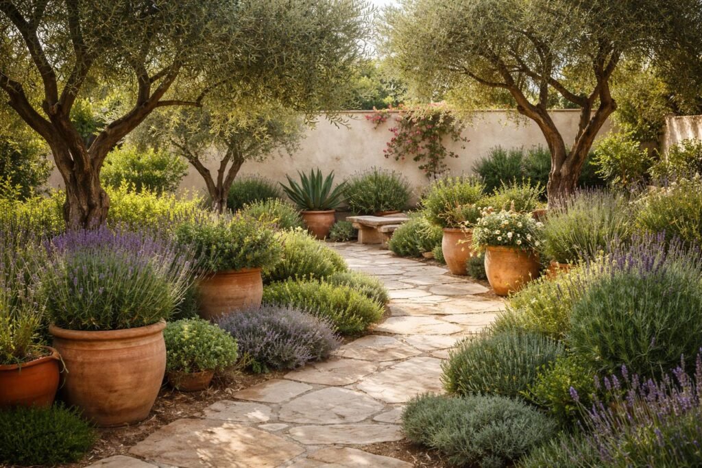 Terrakotta, Naturstein und zugängliche Wege formen harmonisches mediterranes Gartenambiente im Urlaubsstil
