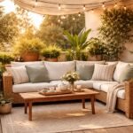 - Gemütliche Terrasse mit warmem Licht, Pflanzen, Möbeln und sommerlichen Farben.