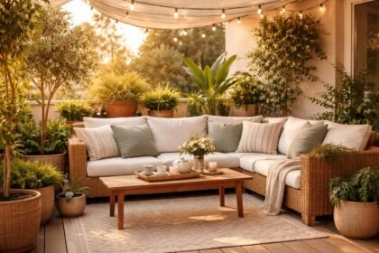 - Gemütliche Terrasse mit warmem Licht, Pflanzen, Möbeln und sommerlichen Farben.