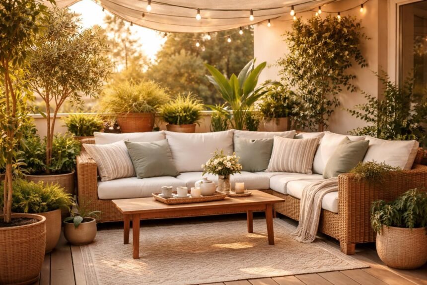 - Gemütliche Terrasse mit warmem Licht, Pflanzen, Möbeln und sommerlichen Farben.
