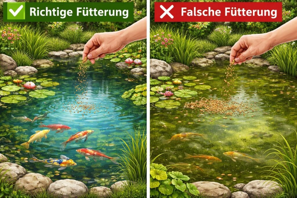 Gartenteich Fische füttern typische Fehler vermeiden durch richtige Fütterung langfristig gesunde Bestände