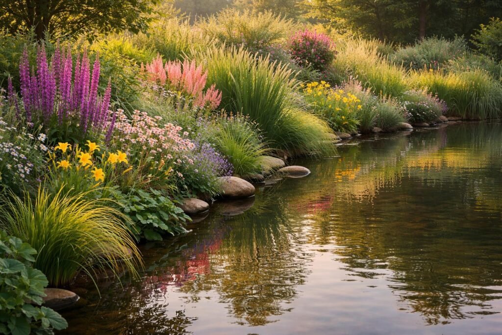 Eine Nahaufnahme farbenfroher Uferpflanzen am Gartenteich mit Blüten und grünem Laub
