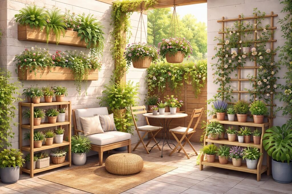 Bild von vertikalen Pflanzsystemen an einer hellen Gartenwand mit hängenden Töpfen