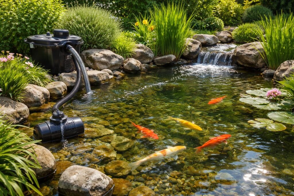 Koi schwimmen im klaren Gartenteich • gute Wasserqualität • effektive Filterung sichtbar