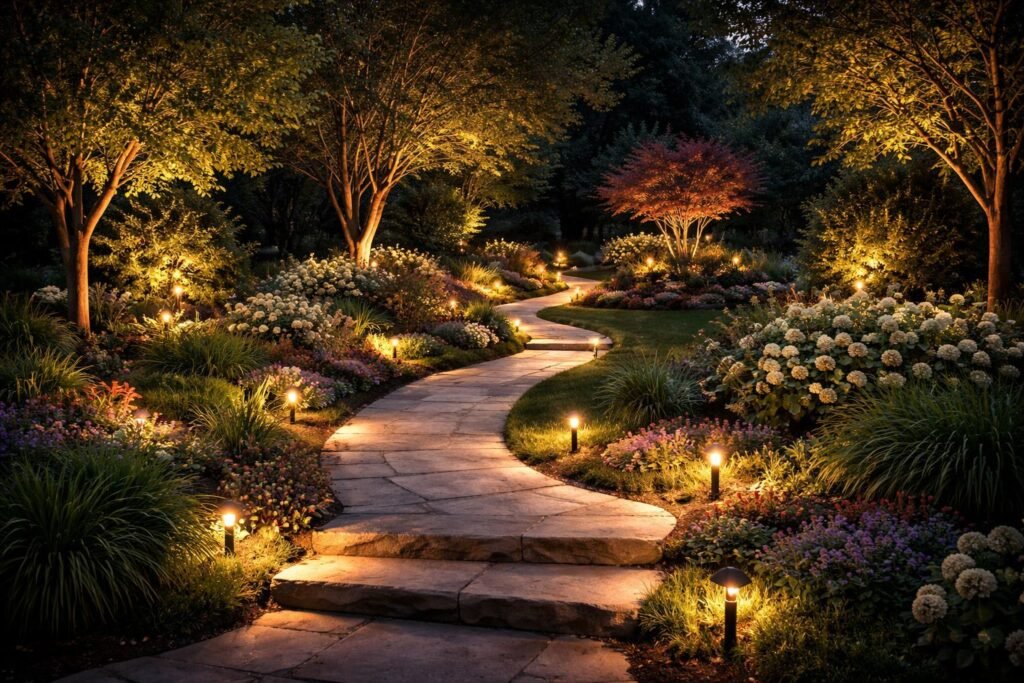 - Abends beleuchtete Wege, Beete und Bäume schaffen eine stimmungsvolle Gartenlandschaft.