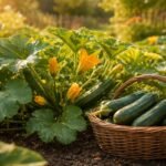 Zucchini-Pflanzen im Garten, sonnig, grün, reich tragend, bunte Gemüsevielfalt im Sommer