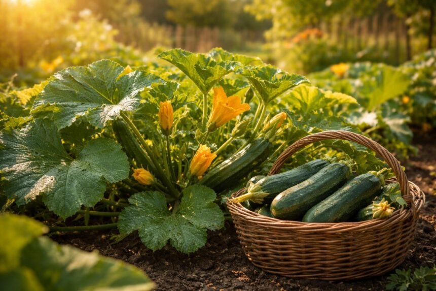 Zucchini-Pflanzen im Garten, sonnig, grün, reich tragend, bunte Gemüsevielfalt im Sommer