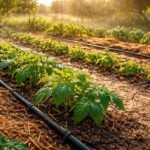 Im Garten unter Sonnenhitze: tropfender Schlauch, trockene Beete, Pflanzen schützen vor Trockenstress