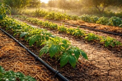 Im Garten unter Sonnenhitze: tropfender Schlauch, trockene Beete, Pflanzen schützen vor Trockenstress