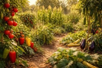 Hitzeverträgliche Gemüsesorten im Beet: Tomaten, Paprika, Zucchini glänzen bei starker Sonne