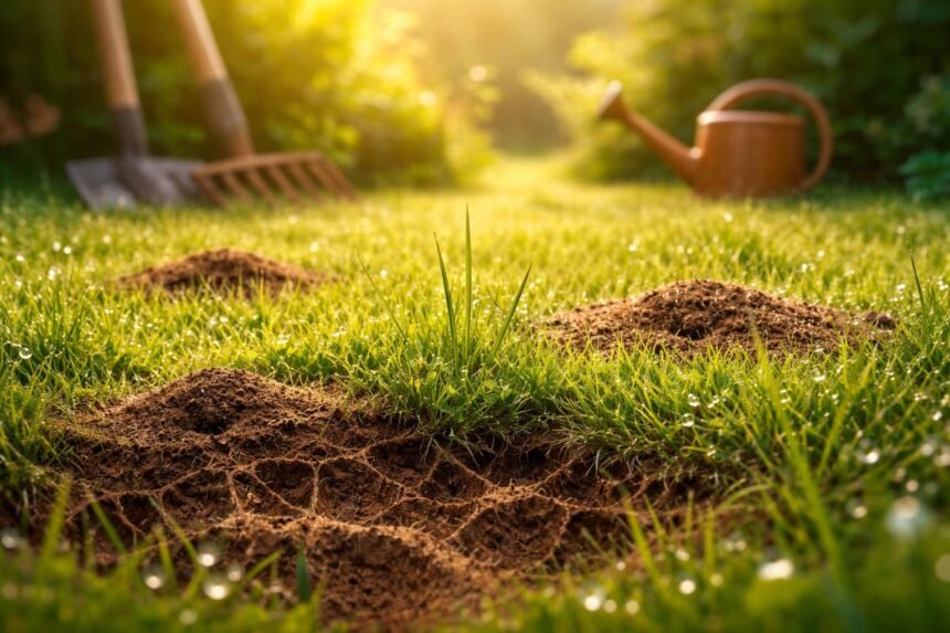 Ameisen bauen Nester im Rasen; nützliche Helfer, aber störend, sichtbar im Bild.