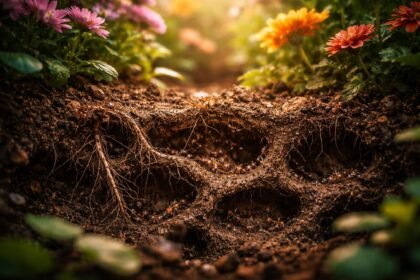 Ameisen im bunten Blumenbeet, betroffene Wurzelbereiche, Blattlausbefall sichtbar, Gartengesundheit bedroht
