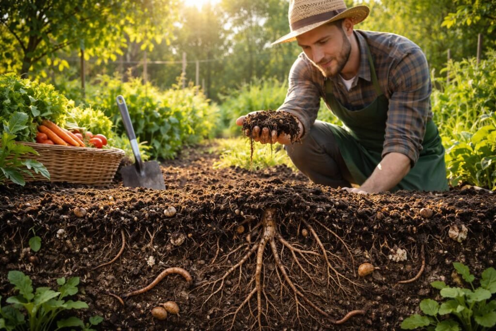 Gartenboden mit gesunder Struktur, nährstoffreich, lockerer Textur, idealem Wurzelraum für gesundes Wachstum.