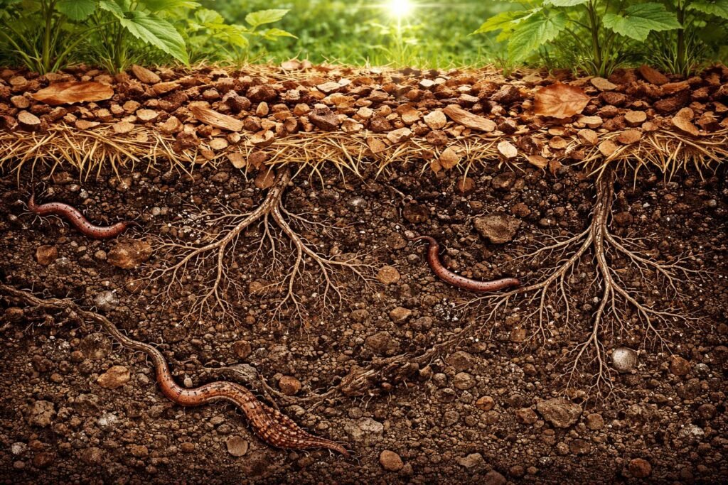 Der Boden ist ausgelaugt? So verbesserst du die Bodenqualität nachhaltig Gezielte Mulchschichten verbessern Bodenstruktur, speichern Feuchtigkeit und fördern Bodentieraktivität nachhaltig.