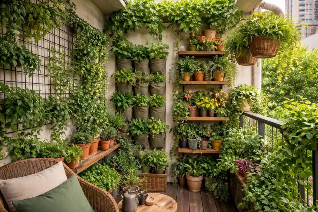 Vertikale Rankhilfen auf kleinem Balkon ermöglichen üppige grüne Pflanzenausbeute und effizienten Platzgebrauch.