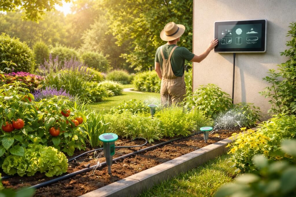 - Praktische Gartenbewässerung mit Tropfern, Feuchtigkeitssensoren, Mulch und gezielter Planung im Sommer