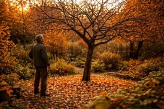 - Apfelbaum ohne Früchte im Herbst, umliegendes Gärtnerwerkzeug und Laub auf dem Boden.