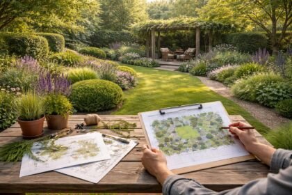 Ein harmonischer Gartenplan mit Farbkonzept, klaren Linien und zusammenhängenden Elementen.