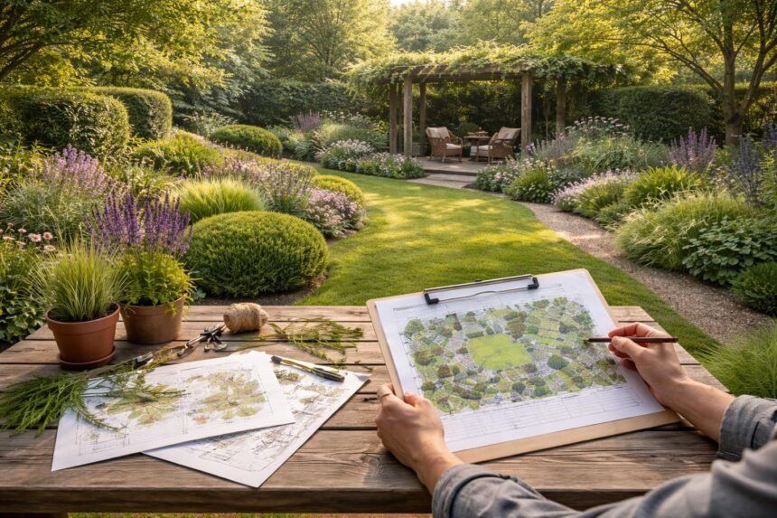 Ein harmonischer Gartenplan mit Farbkonzept, klaren Linien und zusammenhängenden Elementen.