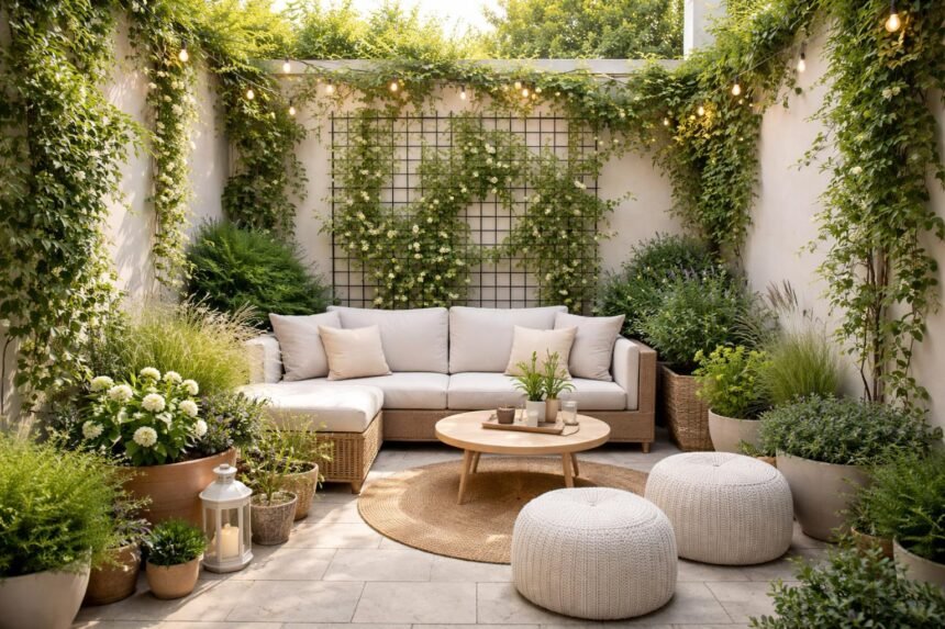 Kleiner Garten wirkt größer durch vertikale Begrünung und clevere Anordnung.
