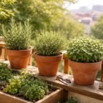 Kräuter stehen auf dem Balkon, sonnig und windgeschützt, neu gepflanzt.