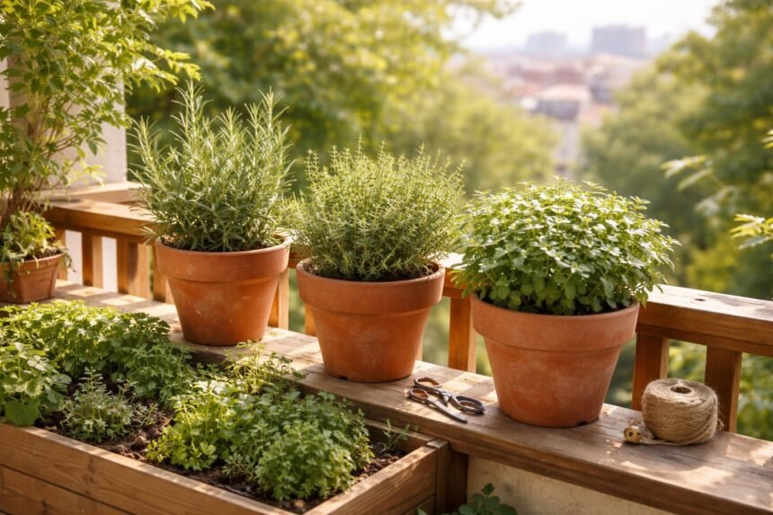 Deine Kräuter auf dem Balkon kümmern? So schaffst du bessere Bedingungen Kräuter stehen auf dem Balkon, sonnig und windgeschützt, neu gepflanzt.