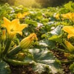 Zucchini-Pflanzen mit großen Blättern, gelben Fruchtansätzen, die nach der Blüte abfallen.