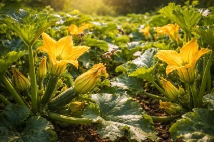 Zucchini-Pflanzen mit großen Blättern, gelben Fruchtansätzen, die nach der Blüte abfallen.