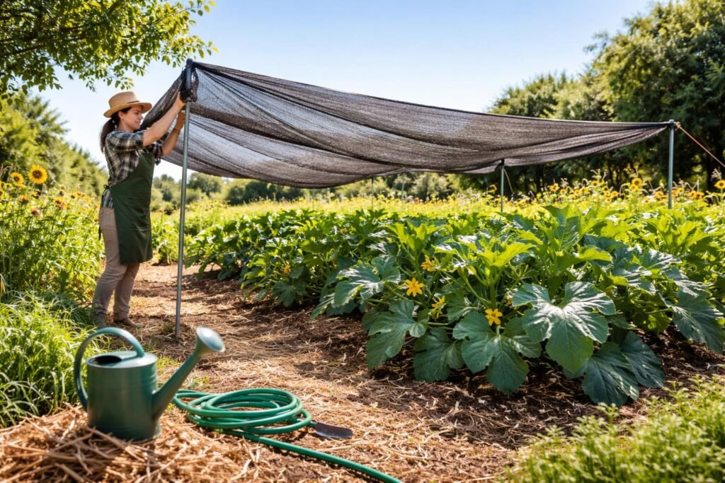 Zucchini im Schatten, Mulch und regelmäßige Bewässerung gegen pralle Hitze.