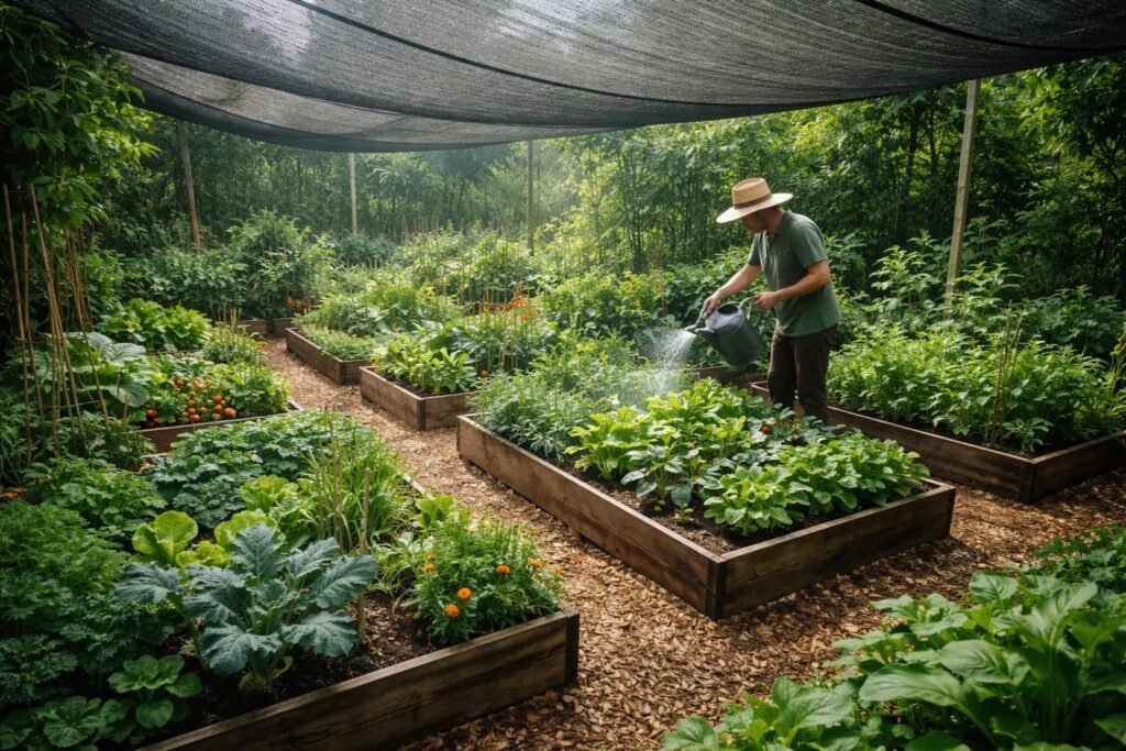 Seit Wochen kein Regen? So hältst du deinen Gemüsegarten am Leben - Schatten spendet Kühlung, schützt Gemüsebeete vor sengender Sommerhitze und Trockenstress