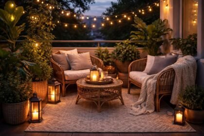 Gemütlicher Balkon durch Textilien, Licht, Pflanzen und Accessoires stilvoll gestalten