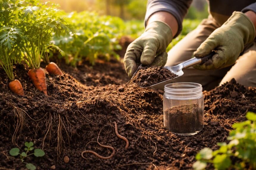 Der Boden ist ausgelaugt? So verbesserst du die Bodenqualität nachhaltig Gärtner prüft Bodenqualität, sichtbar lebendiges Bodenleben, Kompost, Samen und Pflanzen.
