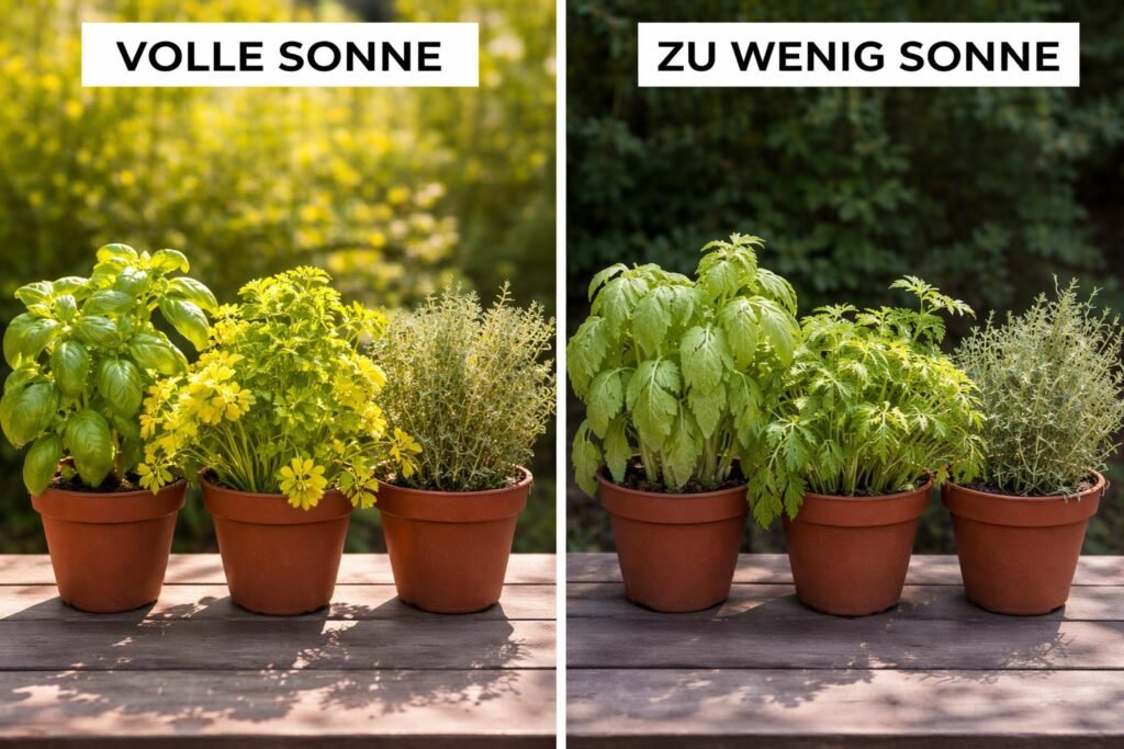 Kräuterpflanzen mit gelben Blättern durch falschen Standort und Sonnenmangel im Garten