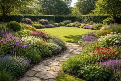 Garten mit geschwungenen Wegen, Tiefenwirkung im Beet, klare Linien und Struktur