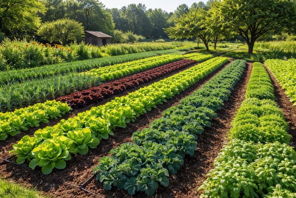 Nahaufnahme eines Salatgartens in sonniger Lage, mit kräftigen Kopfsalatblättern und dichten Blättern im Vordergrund