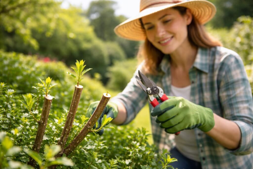 Gärtner schneidet Pflanzen im Sommer und achtet sorgfältig auf den richtigen Zeitpunkt.