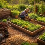 - Gärtner pflegt Beet mit fruchtbarem Boden und buntem Gemüse im Garten