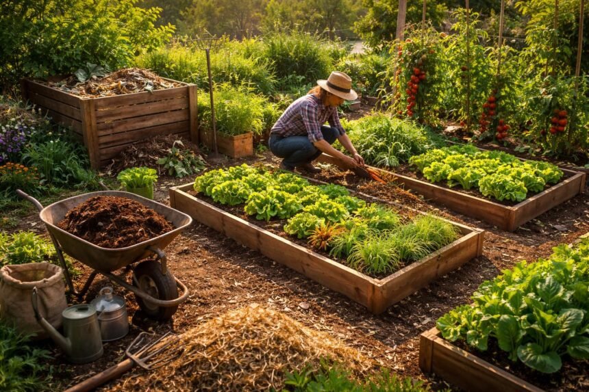 - Gärtner pflegt Beet mit fruchtbarem Boden und buntem Gemüse im Garten