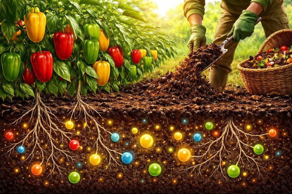 Warum wirft Paprika im Sommer ihre Früchte ab? Grüne Paprika-Pflanze mit reifenden Früchten, Hitze, Nährstoffmangel und Stress sichtbar