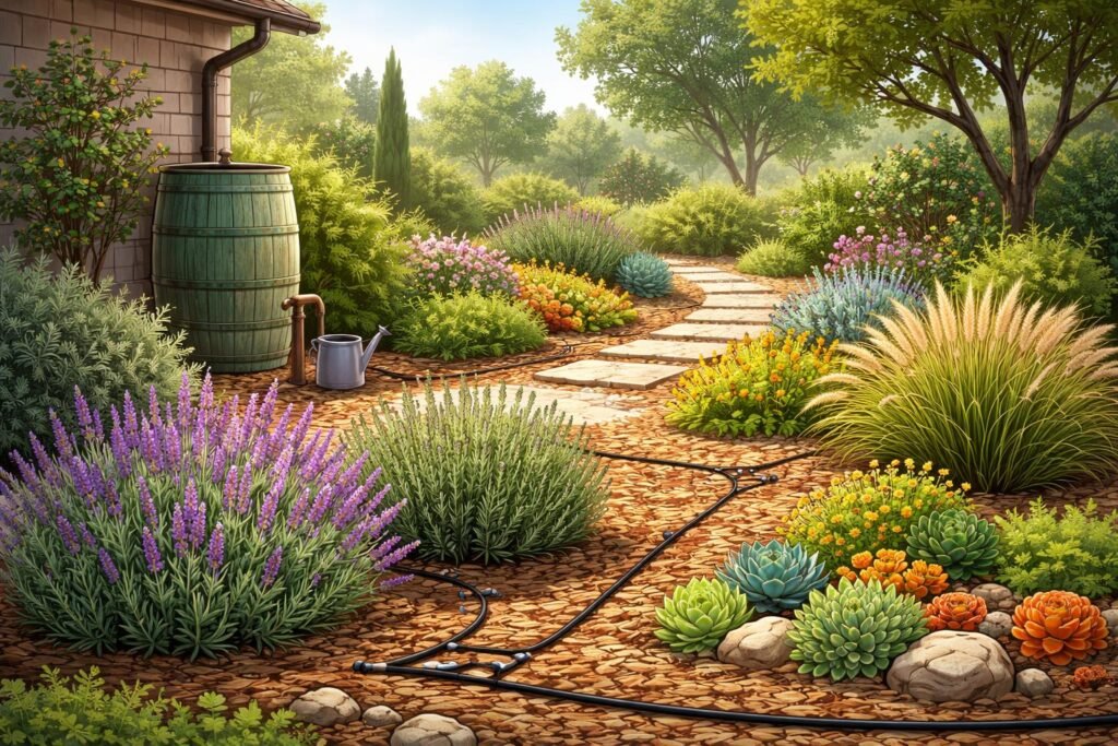 Trockenheitsresistente Pflanzen, Mulch, Tropfbewässerung, sonniger Garten mit wassersparenden Elementen und Rasenflächen