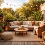 Eine gemütliche Terrasse mit Pflanzen, Lichterketten und gemütlichen Sitzmöbeln bei Abendlicht.