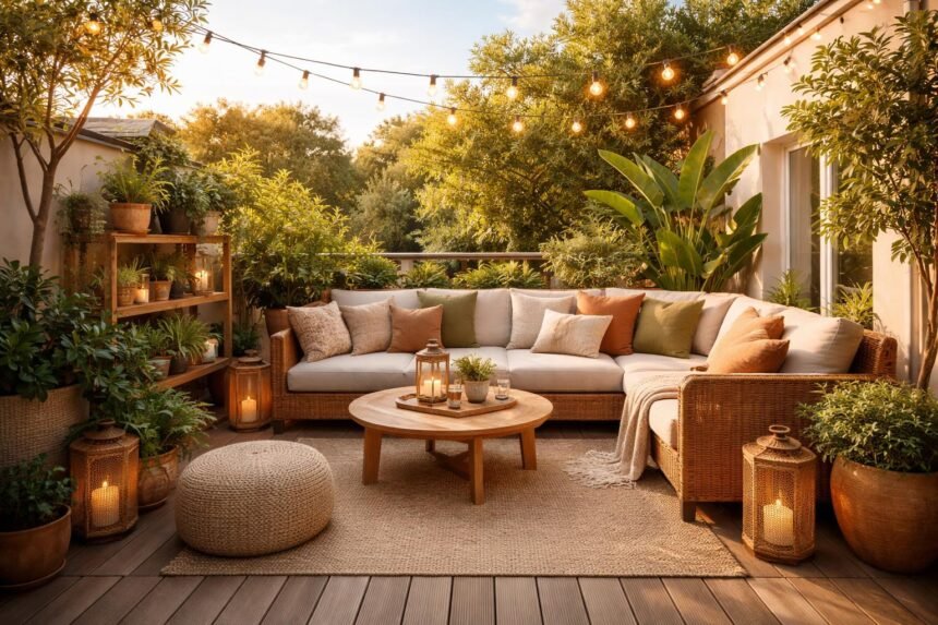 Eine gemütliche Terrasse mit Pflanzen, Lichterketten und gemütlichen Sitzmöbeln bei Abendlicht.