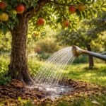 Sommerliche Obstbäume im Garten, richtige Bewässerung, reifende Früchte, gesunde Pflege.