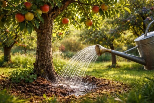 Sommerliche Obstbäume im Garten, richtige Bewässerung, reifende Früchte, gesunde Pflege.