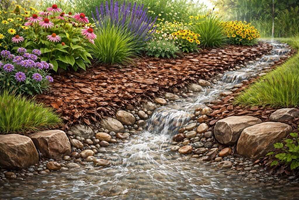 Starkregen überschwemmt deine Beete? So schützt du den Garten Gartenbeet mit Drainage, Mulchabdeckung und wasserdichtem Schutz gegen Starkregen – effektiv.