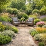 Nahaufnahme eines Einsteiger-Gartenbereichs mit pflegeleichten Pflanzen, Gartenwerkzeugen und Planung für Anfänger.