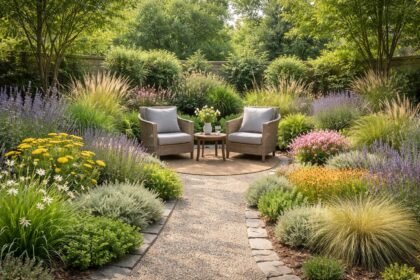 Nahaufnahme eines Einsteiger-Gartenbereichs mit pflegeleichten Pflanzen, Gartenwerkzeugen und Planung für Anfänger.